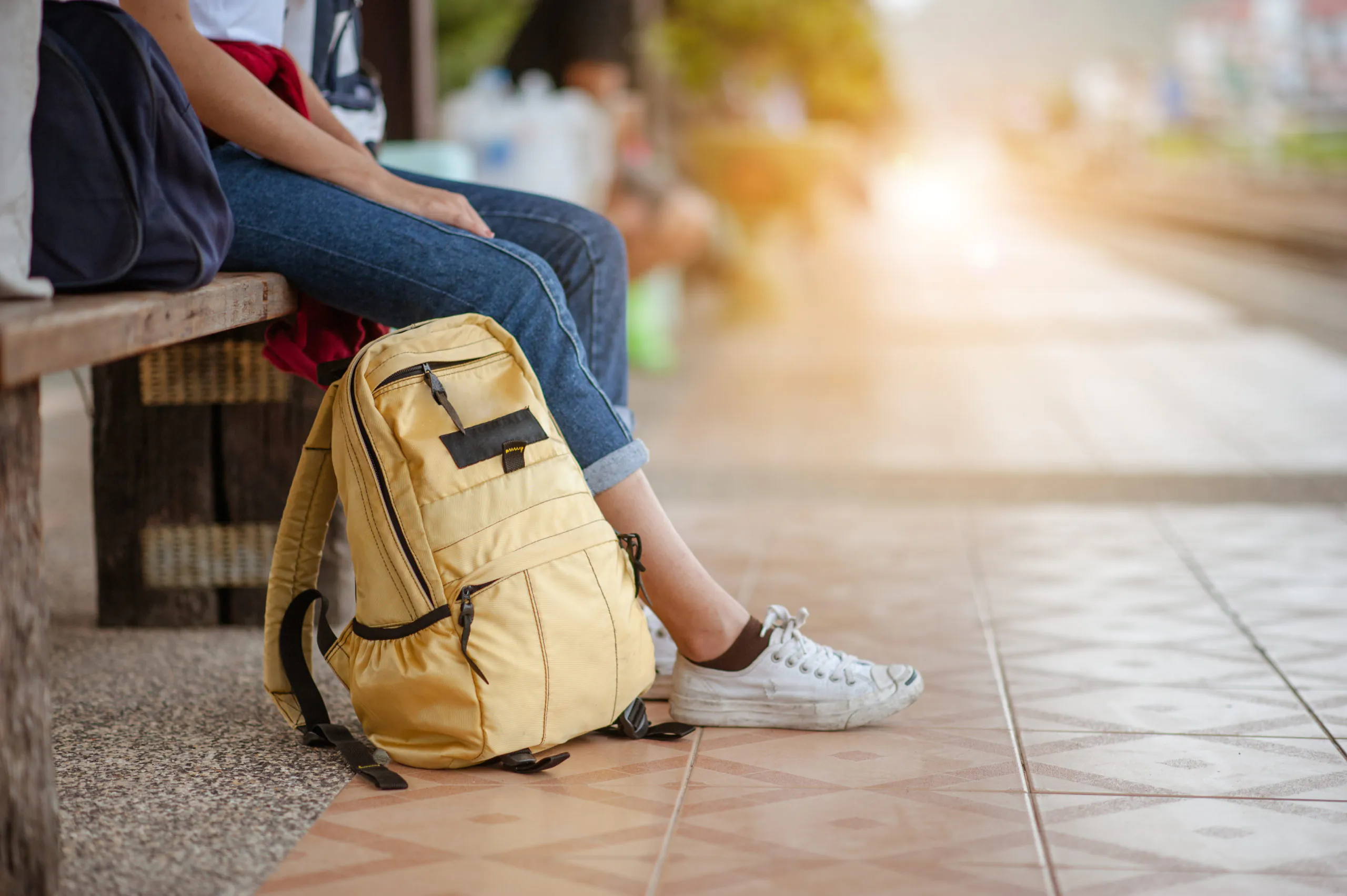 Traveler Woman Waits Train On Railway Platform.